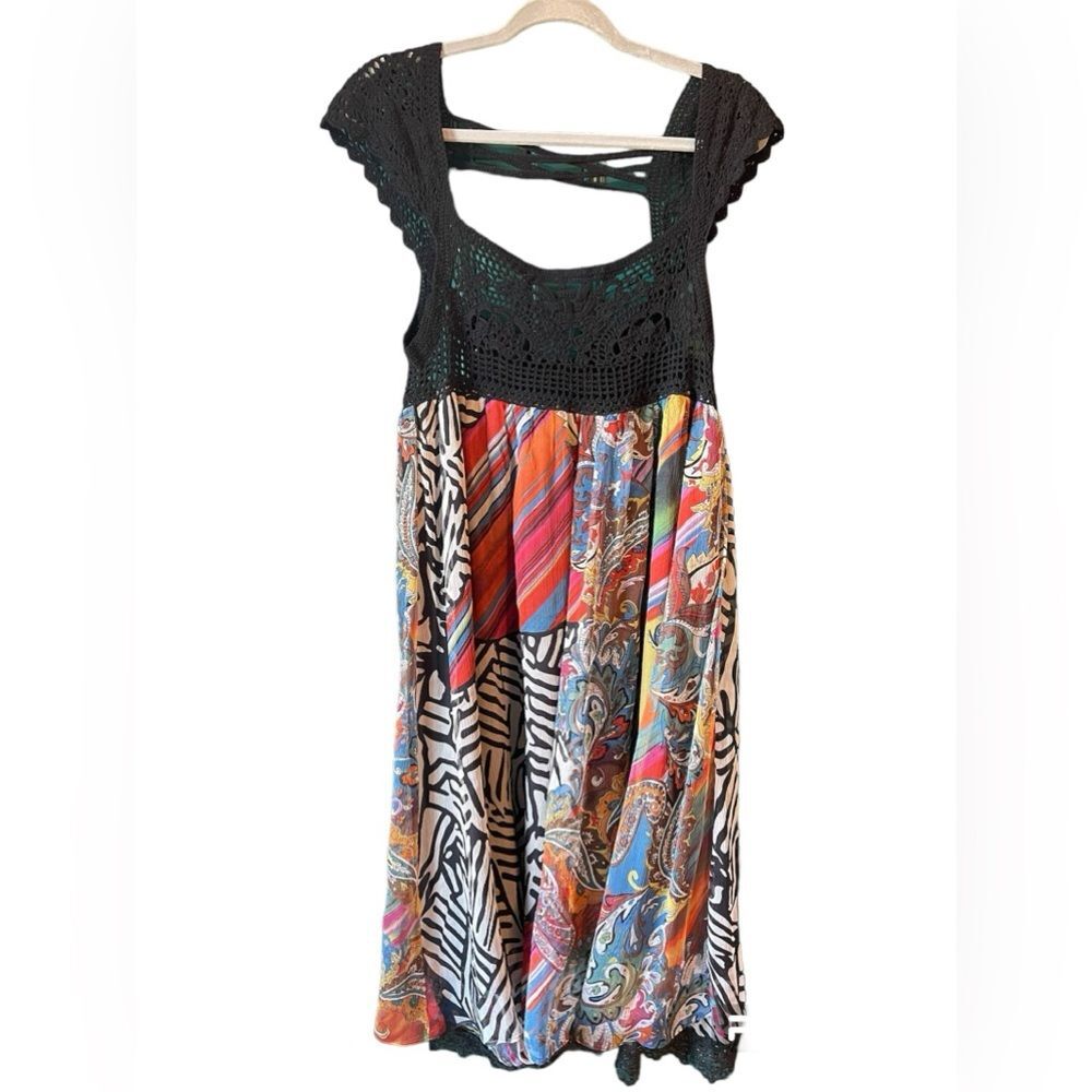 Crochet & Silk Bohemian Midi Dress fun pattern w lace sz small